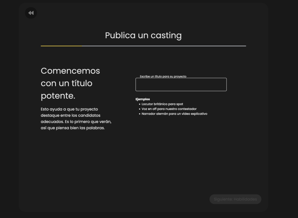 Pantalla que muestra la casilla para insertar título de su proyecto.