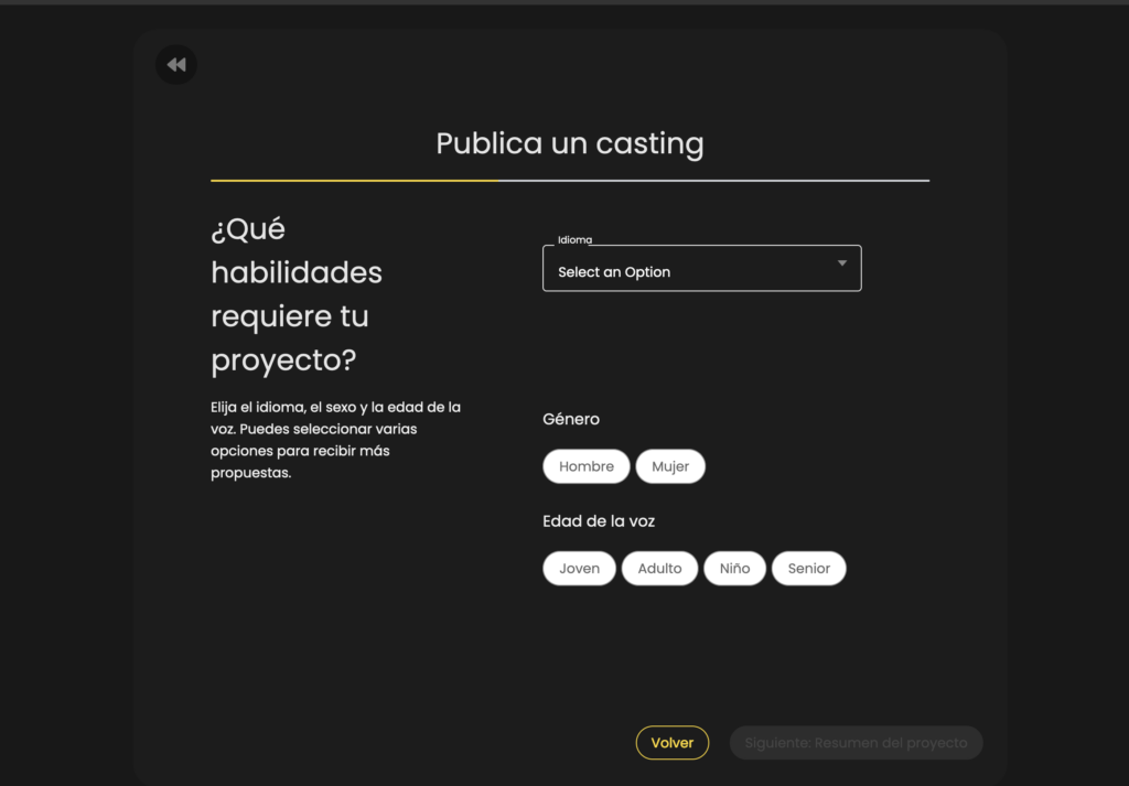 Pantalla que muestra las casillas para seleccionar las características de su proyecto.